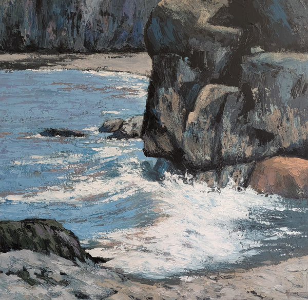 Impressionistic painting of a rocky coastline with waves crashing against dark cliffs and a sandy shore, rendered in blue, gray, white, and brown tones.