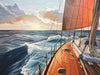 Sailing boat on choppy waters with clouds in the background