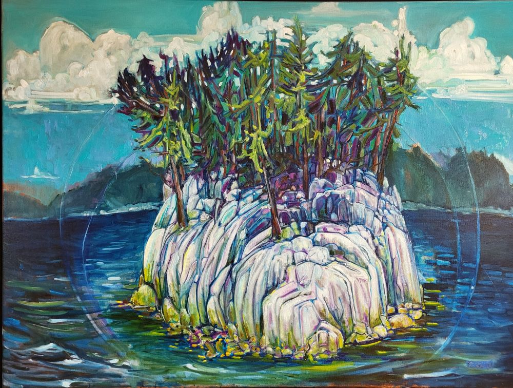 a painting of a small rocky island with tall pine trees on it surrounded by a force field