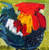 Colorful painting of a rooster with red, yellow, and blue feathers on a green background.