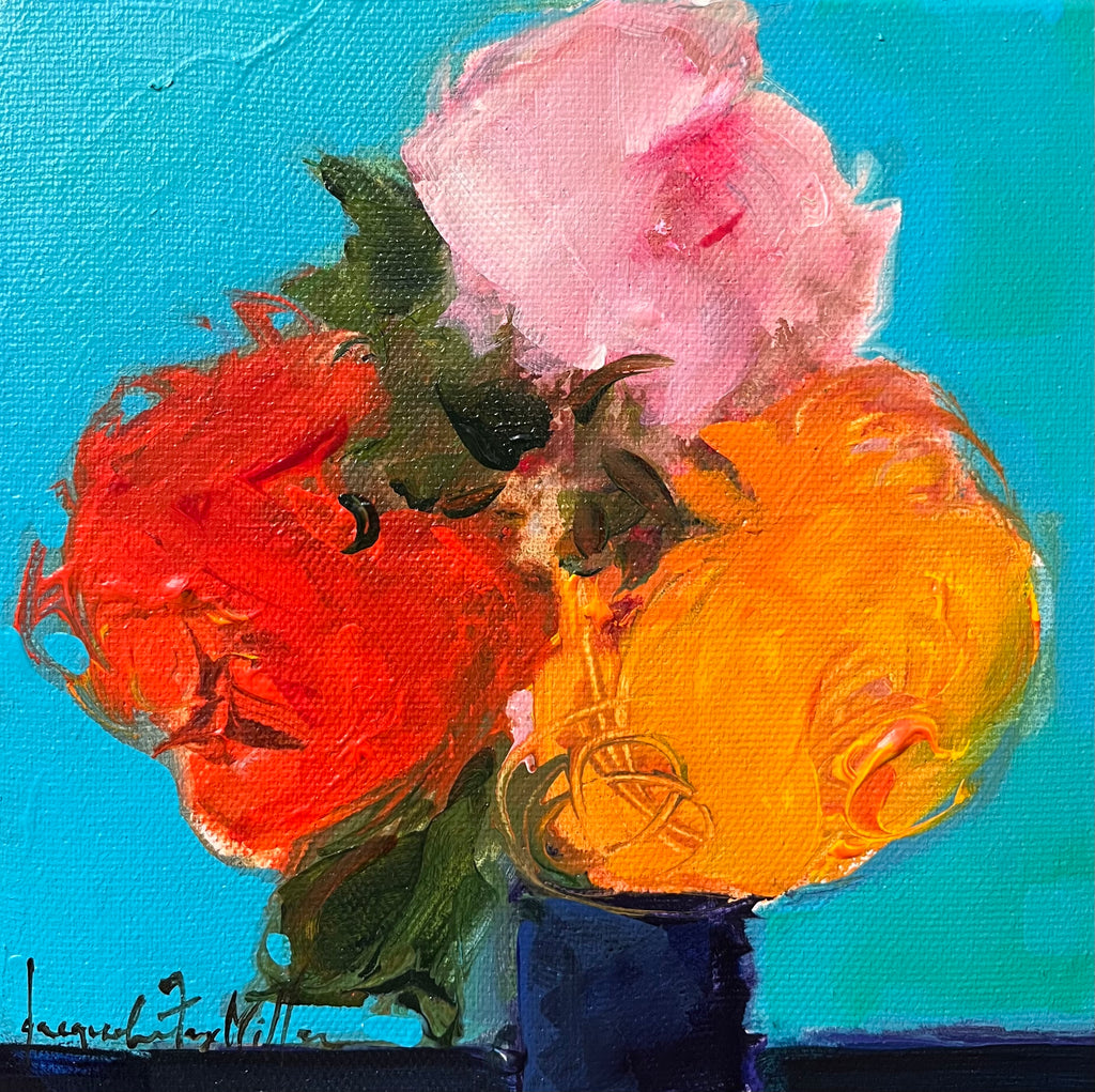 Colorful floral painting with red, pink, and yellow flowers on a blue background