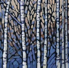 Artistic depiction of birch trees with a blue and brown abstract background