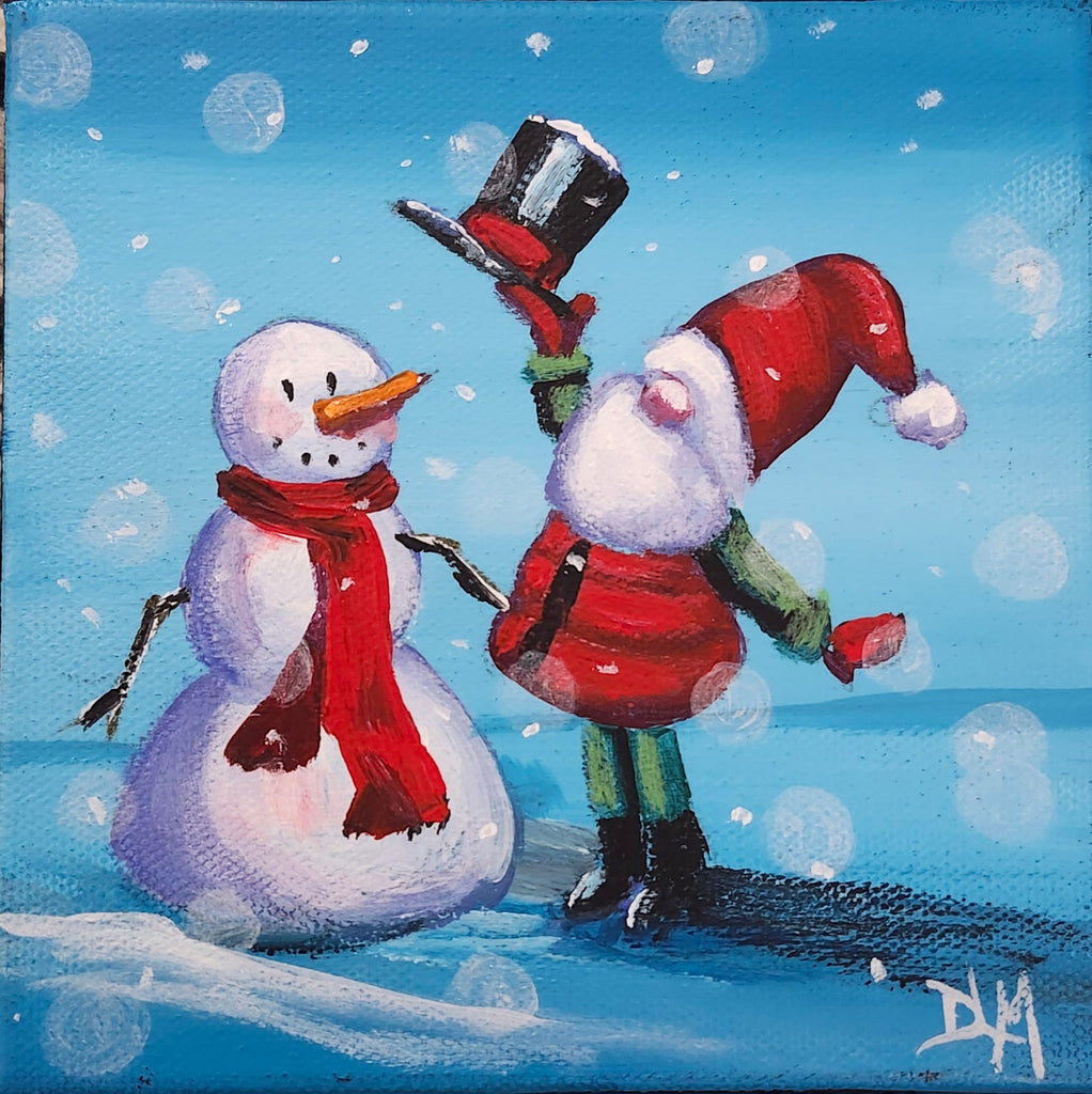 Painting of a snowman and a person in a red hat and coat on a blue snowy background.