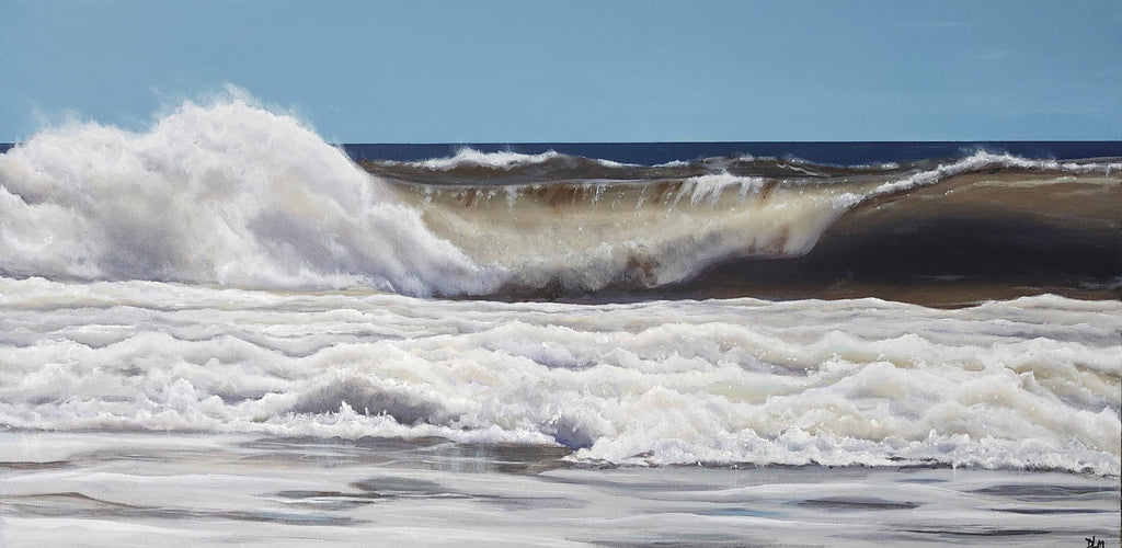 Oil painting of a wave crashing on a beach with a clear blue sky.