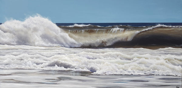 Oil painting of a wave crashing on a beach with a clear blue sky.