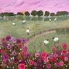 Painting of sheep in a field with pink flowers and a purple sky