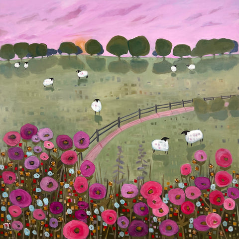 Painting of sheep in a field with pink flowers and a purple sky