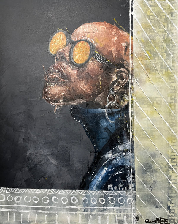 Artistic depiction of a person wearing goggles with a stylized background