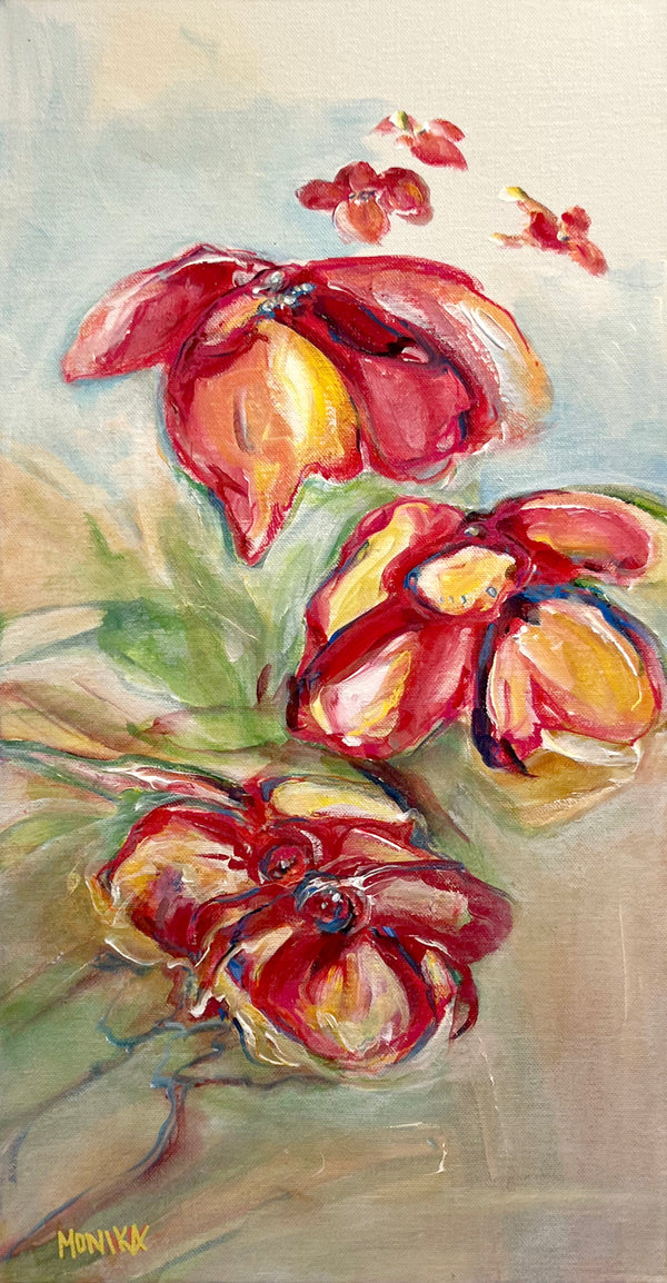 An impressionistic painting of three red and yellow flowers with green leaves on a soft beige and gray background, signed HANIK at the bottom left.