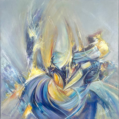 Abstract painting with swirling colors on a light gray background