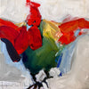 Abstract painting of a red and green bird on a white background