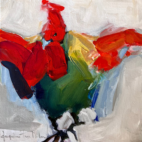 Abstract painting of a red and green bird on a white background