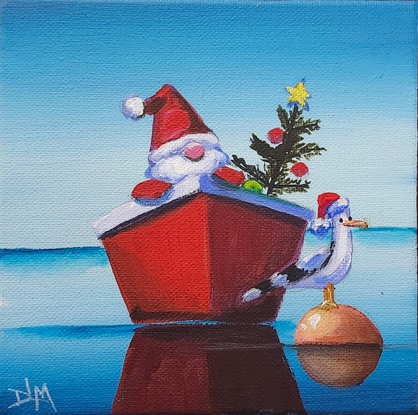Painting of a Santa Claus figure in a red boat with a Christmas tree on a blue background