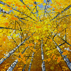Artistic depiction of birch trees with yellow foliage against a blue sky.