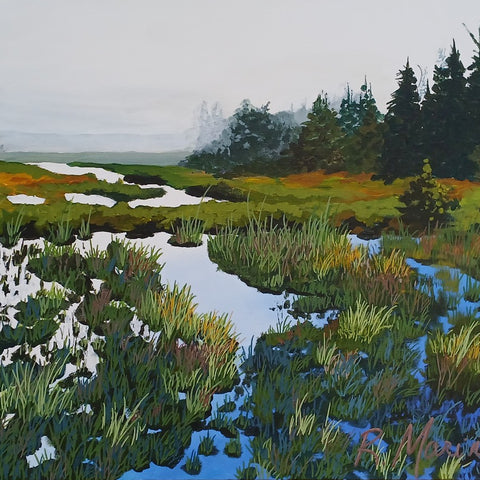 Painting of a marshy landscape with water, grass, and trees.