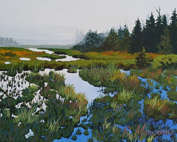 Painting of a marshy landscape with water, grass, and trees.