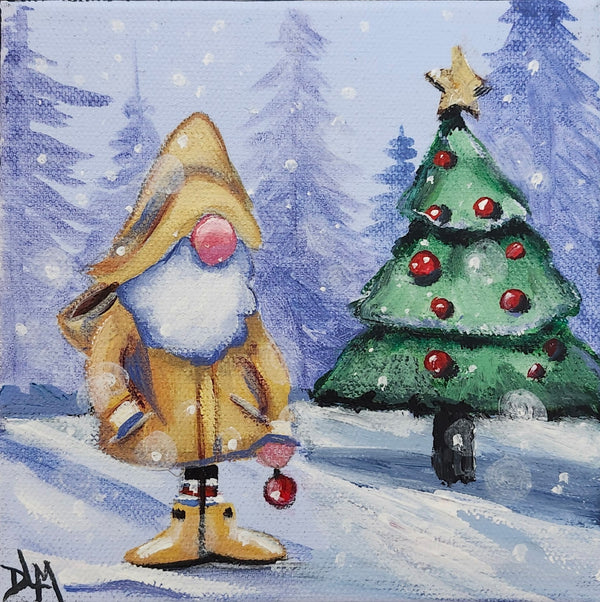 Gnome in a winter scene with a decorated Christmas tree