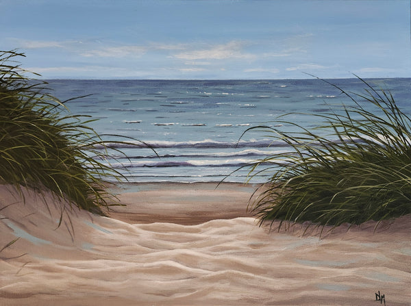 Painting of a beach scene with sand, grass, and ocean waves.