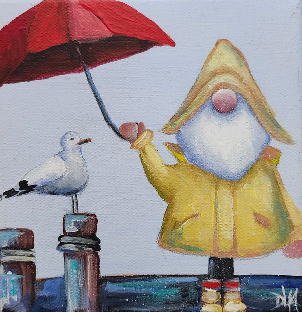 Painting of a gnome in a yellow raincoat with a red umbrella and a seagull on a pier.