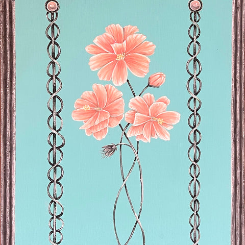 Decorative panel with pink flowers and intricate patterns on a light blue background