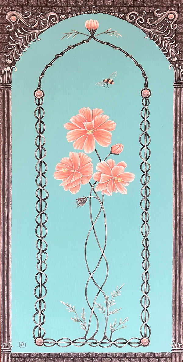 Decorative panel with pink flowers and intricate patterns on a light blue background