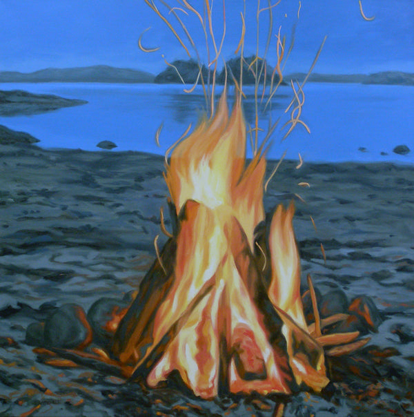 Campfire on a beach with a body of water and distant landforms.
