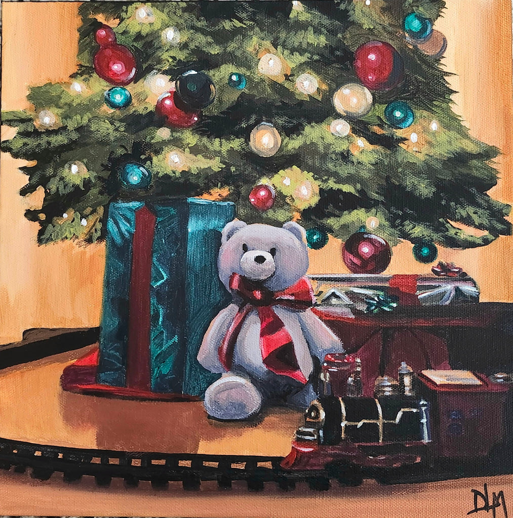 Painting of a teddy bear with a Christmas tree and presents
