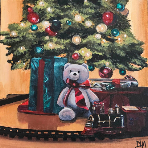 Painting of a teddy bear with a Christmas tree and presents