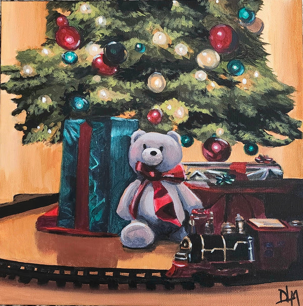 Painting of a teddy bear with a Christmas tree and presents