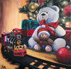 Painting of a teddy bear with a child's toy and train set near a Christmas tree.