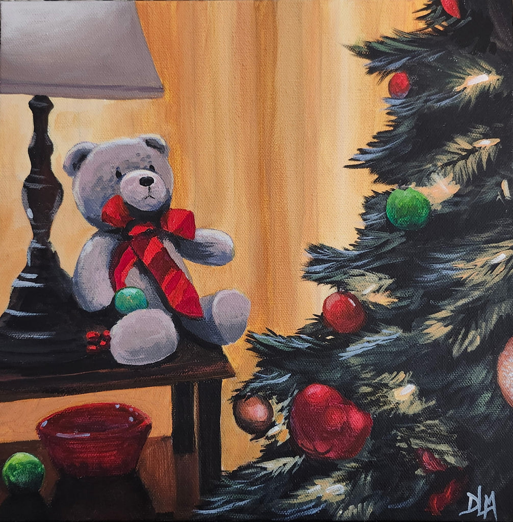 Painting of a teddy bear with a red bow tie next to a decorated Christmas tree.