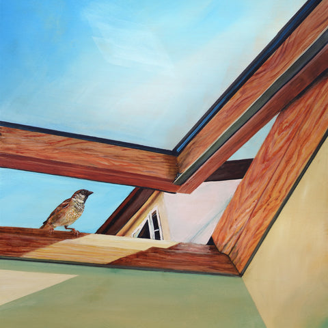 a sparrow perches on the edge of an open skylight; blue sky in the background