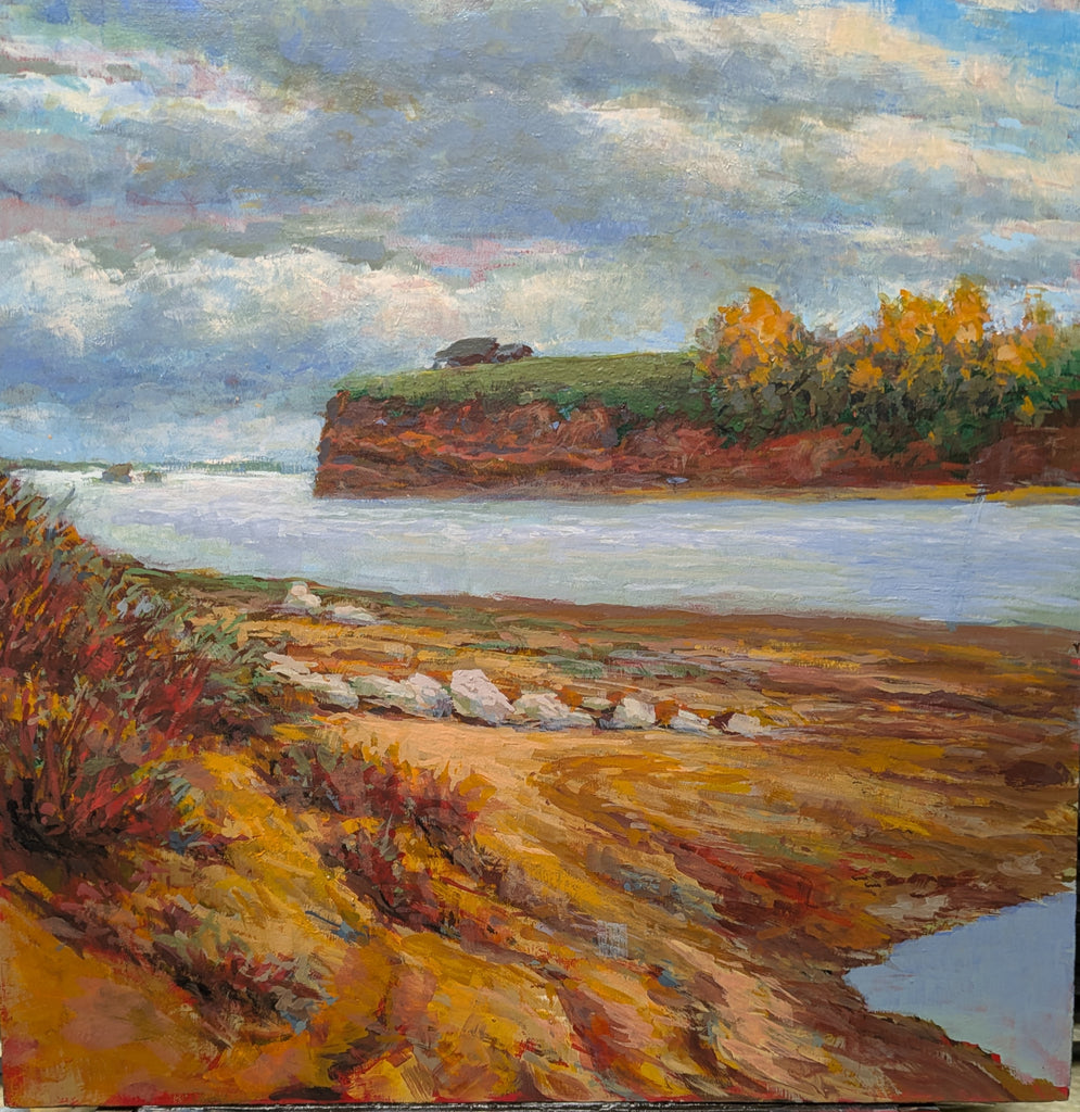 Painting of a coastal landscape with a cliff, grass, and water.