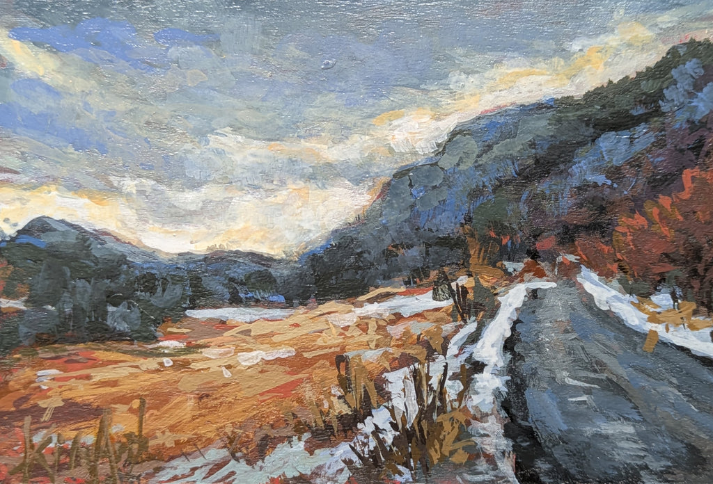 Painting of a mountain landscape with a path and people, under a colorful sky.