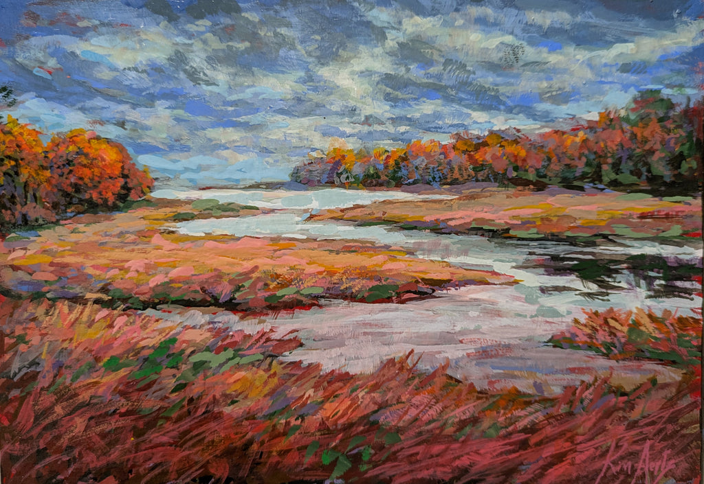 Painting of a landscape with a river, trees, and colorful foliage under a blue sky.