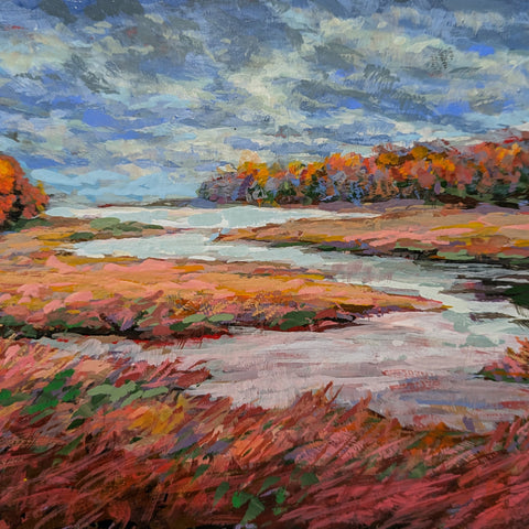 Painting of a landscape with a river, trees, and colorful foliage under a blue sky.