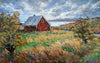 Painting of a red barn in a field with a colorful sky