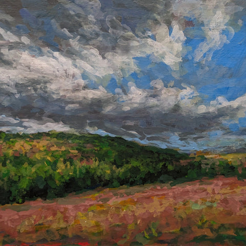 Painting of a landscape with a field and trees under a dramatic sky.