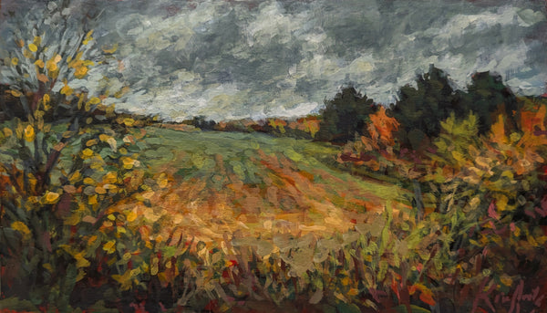 Painting of a landscape with fields, trees, and a cloudy sky.