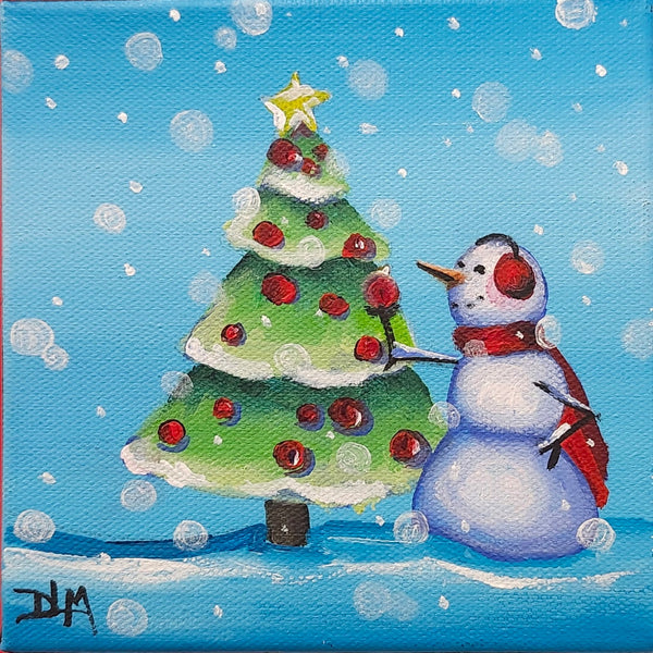 Painting of a snowman and decorated Christmas tree with falling snow.