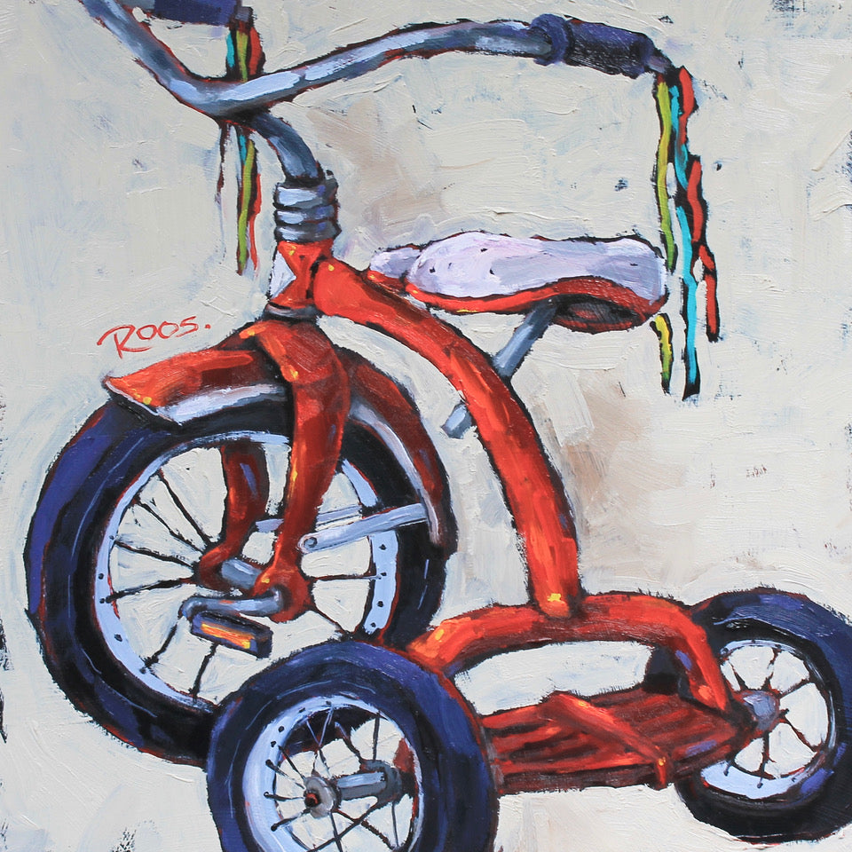 Painting of a red tricycle with blue wheels on a textured beige background