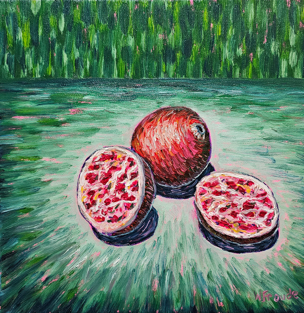 Painting of a pomegranate and its sections on a green background