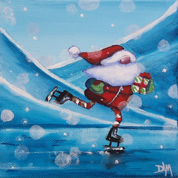 Painting of Santa Claus ice skating on a blue background with snowflakes.
