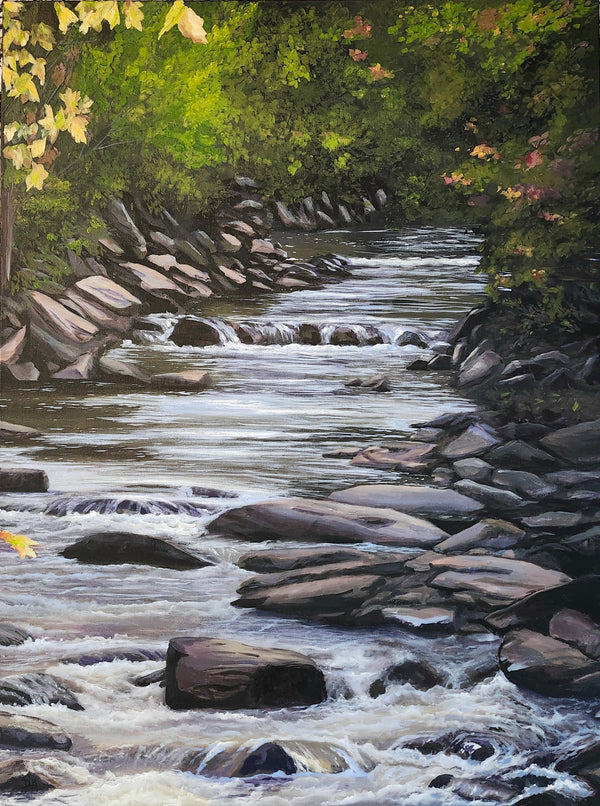 Painting of a stream flowing through a rocky landscape with greenery.