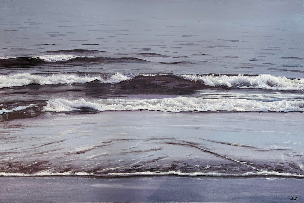 Painting of ocean waves crashing onto a shore with a gray sky.