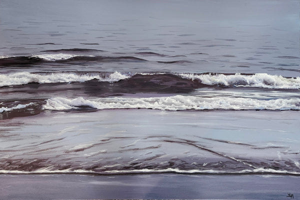 Painting of ocean waves crashing onto a shore with a gray sky.