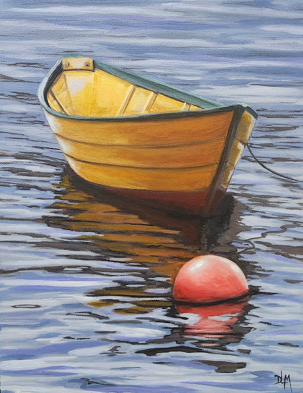 Painting of a yellow rowboat on water with a pink buoy.