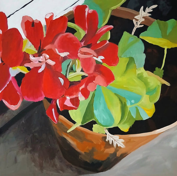 A colorful acrylic painting of red geranium flowers and green leaves in a terracotta pot, shown close-up with a painterly, textured finish.