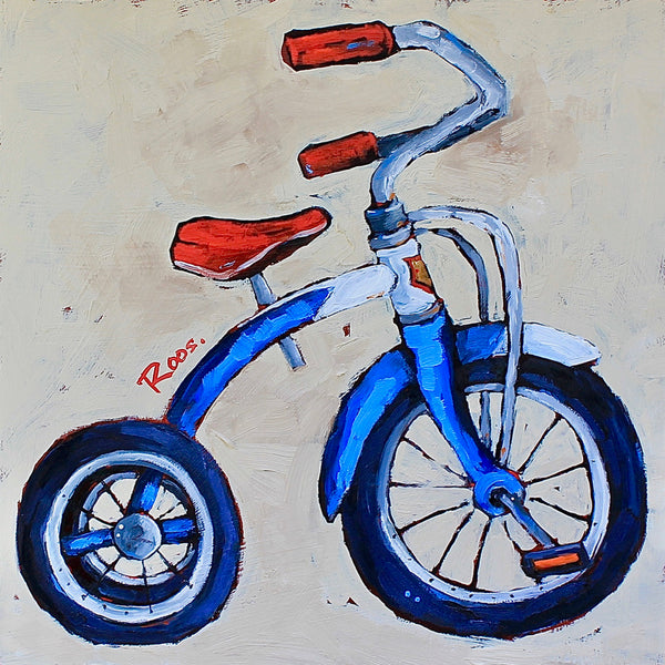 Painting of a blue children's bicycle with red seat and handlebar grips on a beige background.