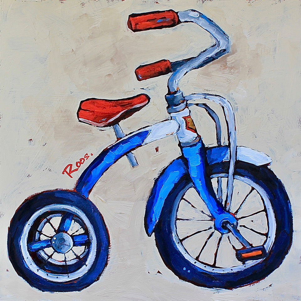 Painting of a blue children's bicycle with red seat and handlebar grips on a beige background.